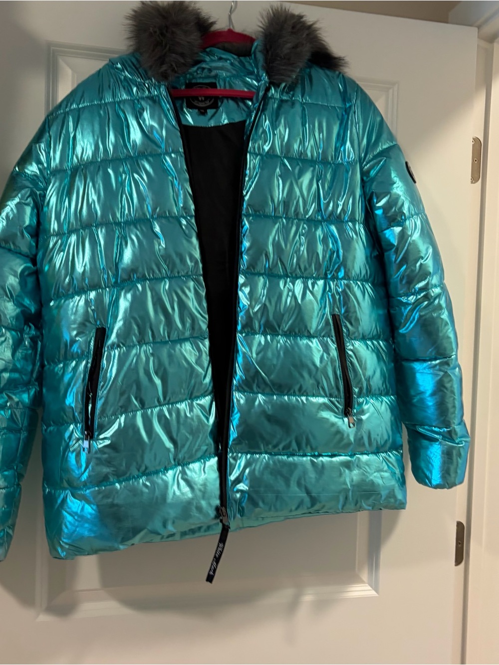 White Mark(XL) Metallic Teal Puffer Coat with Faux Fur Trim